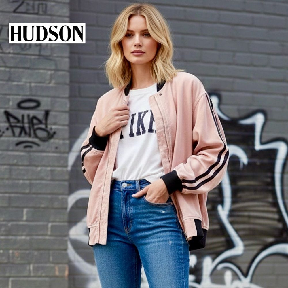 HUDSON Nova Varsity Lightweight Bomber Jacket Oversized Slouchy Sunkissed Pink S